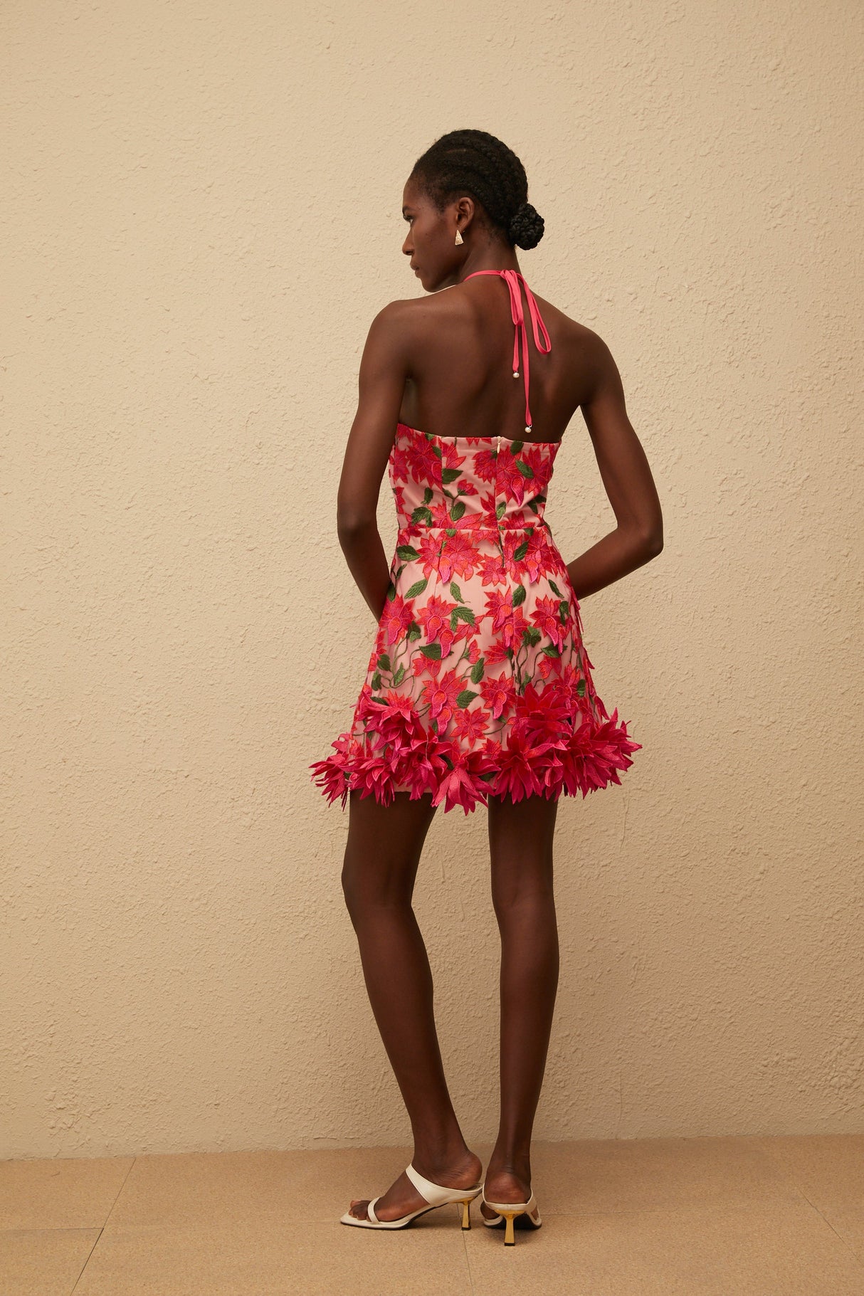 Aurohaya Doriane Red Halterneck Floral Embroidered Mini Dress