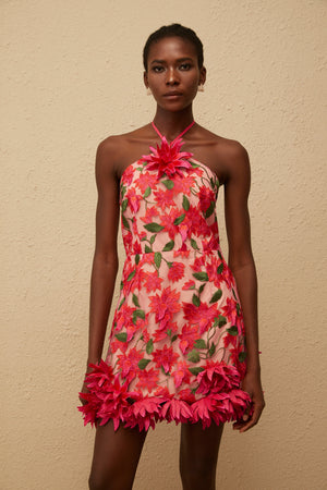 Aurohaya Doriane Red Halterneck Floral Embroidered Mini Dress