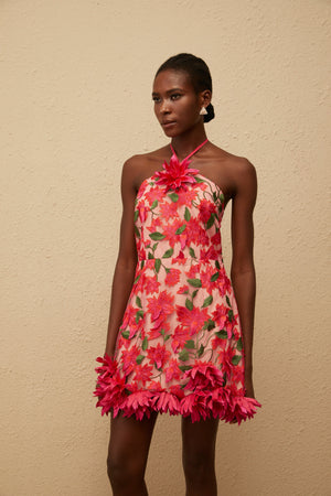 Aurohaya Doriane Red Halterneck Floral Embroidered Mini Dress