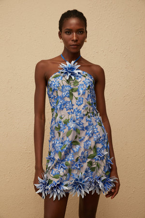 Aurohaya Doriane Blue Halterneck Floral Embroidered Mini Dress