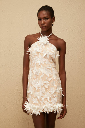 Aurohaya Doriane White Halterneck Floral Embroidered Mini Dress