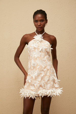 Aurohaya Doriane White Halterneck Floral Embroidered Mini Dress