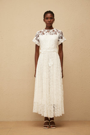 Aurohaya Victoire White Butterfly Appliqué Lace Maxi Dress
