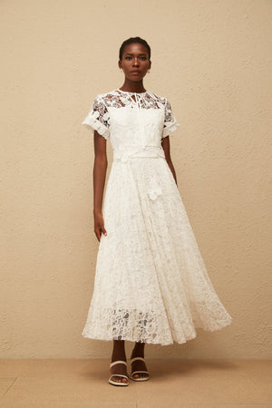 Aurohaya Victoire White Butterfly Appliqué Lace Maxi Dress