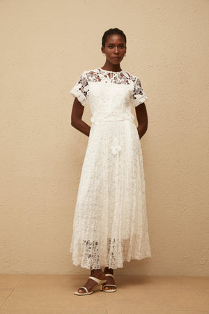 Aurohaya Victoire White Butterfly Appliqué Lace Maxi Dress