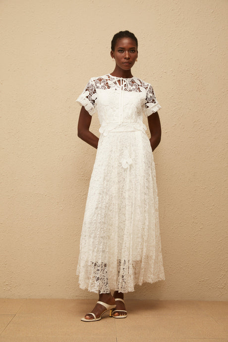 Aurohaya Victoire White Butterfly Appliqué Lace Maxi Dress
