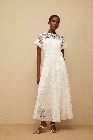 Aurohaya Victoire White Butterfly Appliqué Lace Maxi Dress