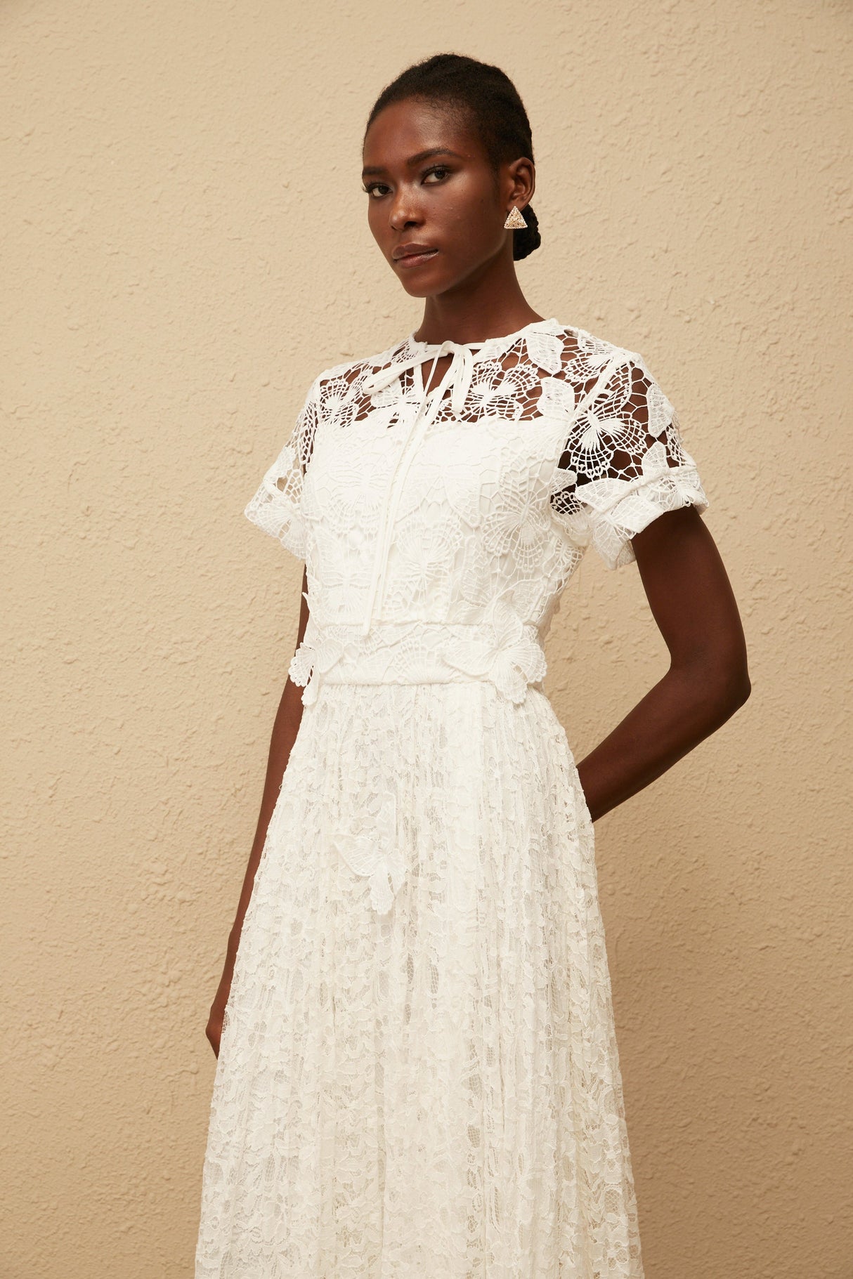 Aurohaya Victoire White Butterfly Appliqué Lace Maxi Dress