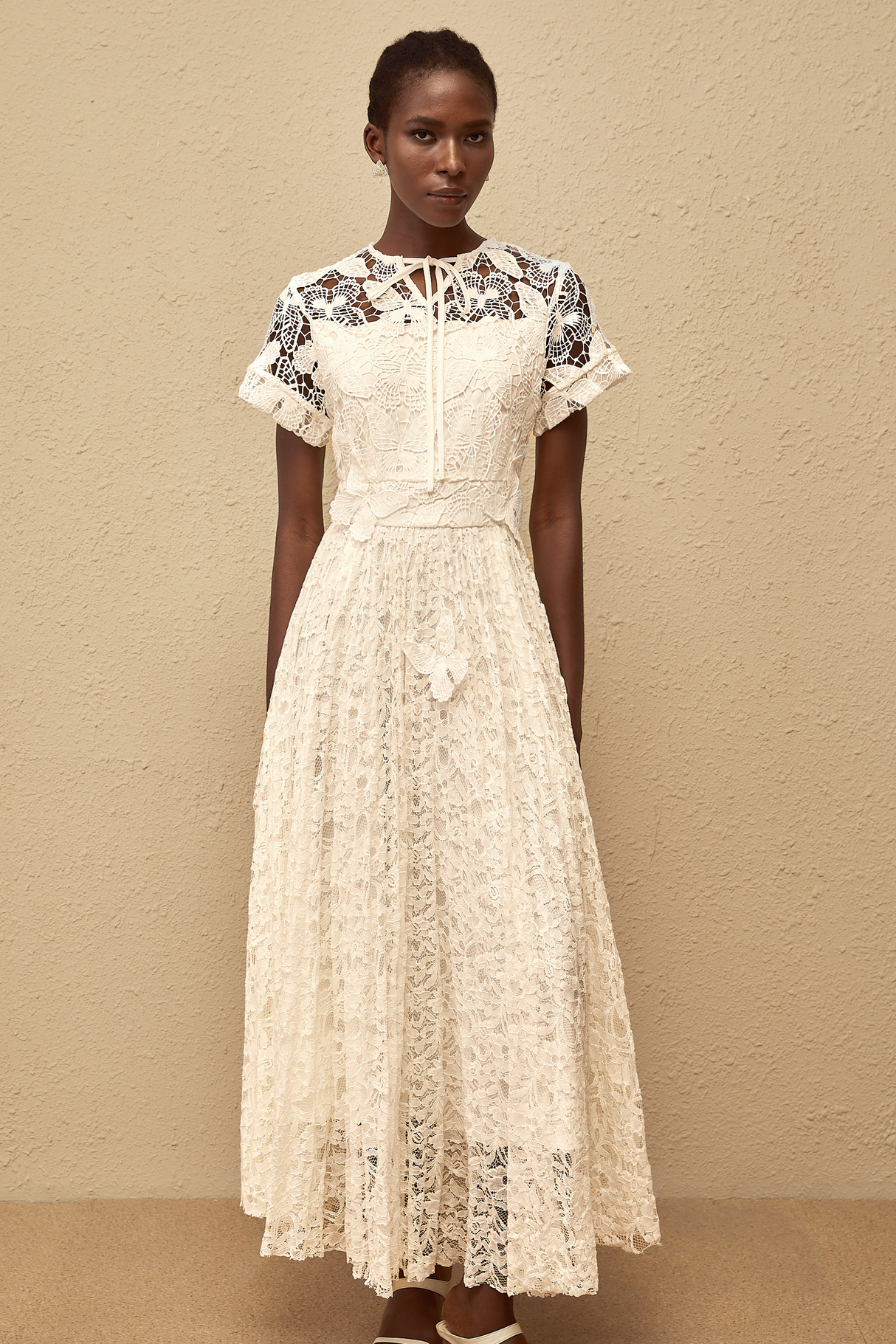 Aurohaya Victoire White Butterfly Appliqué Lace Maxi Dress
