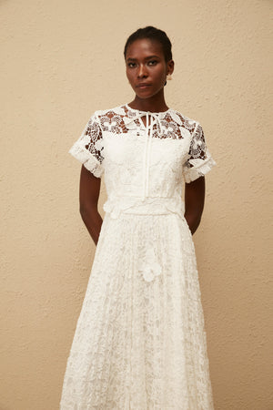 Aurohaya Victoire White Butterfly Appliqué Lace Maxi Dress