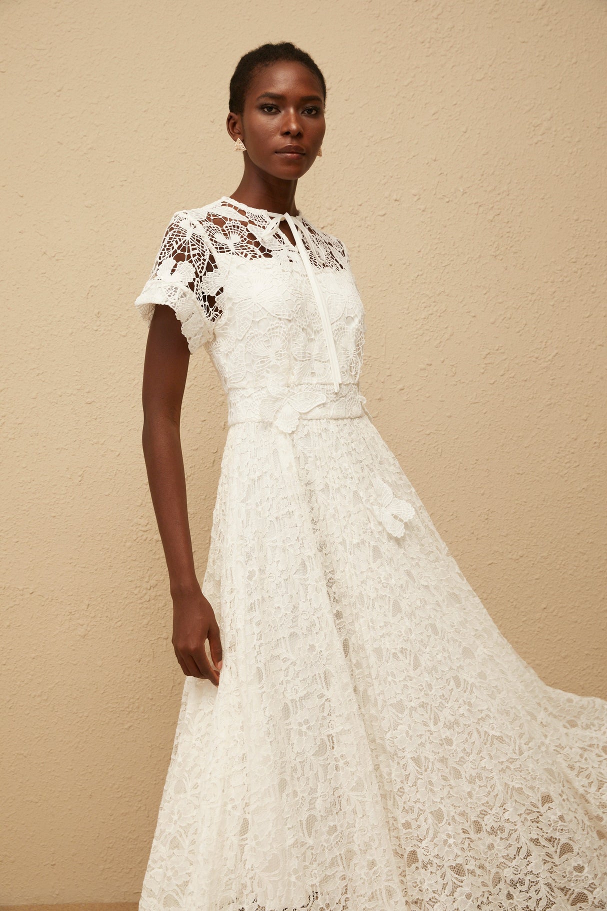 Aurohaya Victoire White Butterfly Appliqué Lace Maxi Dress