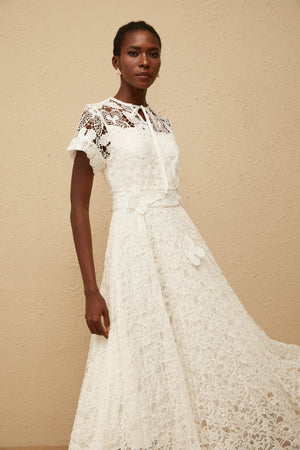 Aurohaya Victoire White Butterfly Appliqué Lace Maxi Dress