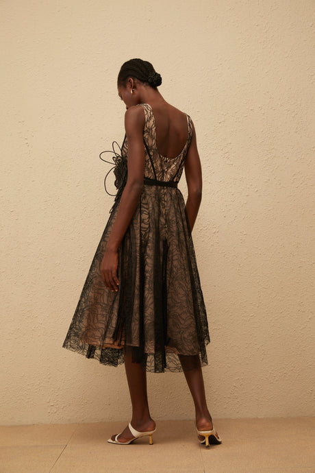 Aurohaya Sandrine Black Floral Lace Midi Dress