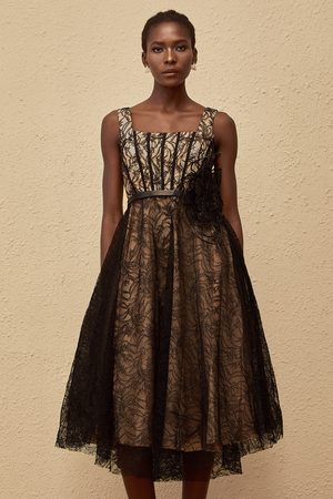 Aurohaya Sandrine Black Floral Lace Midi Dress