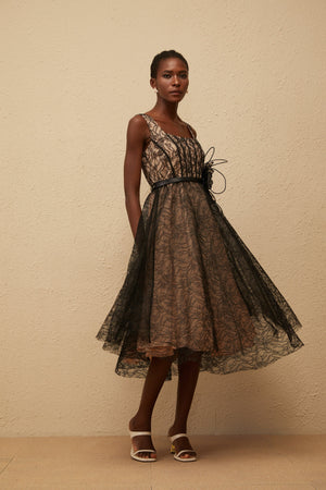 Aurohaya Sandrine Black Floral Lace Midi Dress