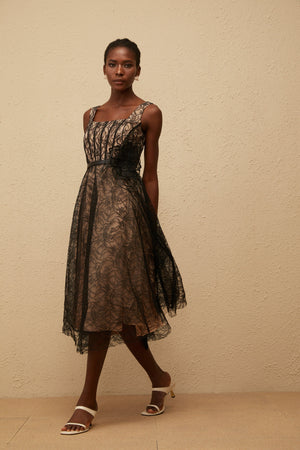 Aurohaya Sandrine Black Floral Lace Midi Dress