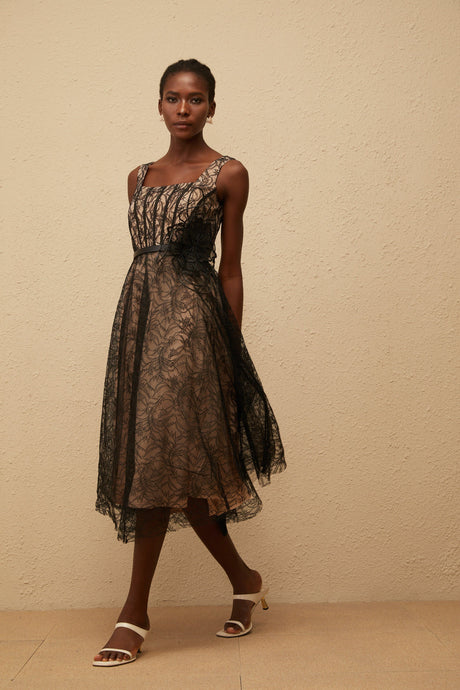 Aurohaya Sandrine Black Floral Lace Midi Dress