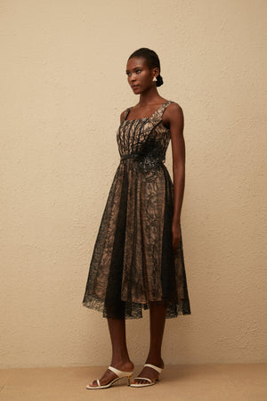 Aurohaya Sandrine Black Floral Lace Midi Dress