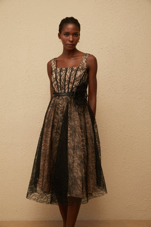Aurohaya Sandrine Black Floral Lace Midi Dress