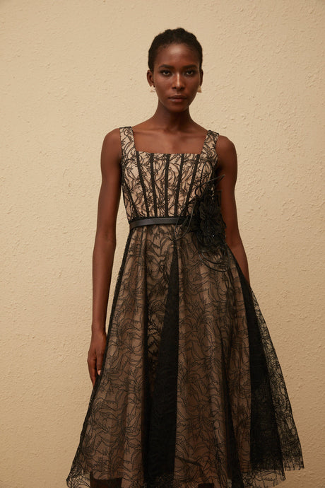Aurohaya Sandrine Black Floral Lace Midi Dress