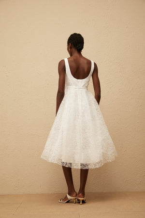 Aurohaya Sandrine White Floral Lace Midi Dress