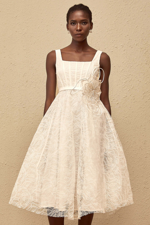 Aurohaya Sandrine White Floral Lace Midi Dress