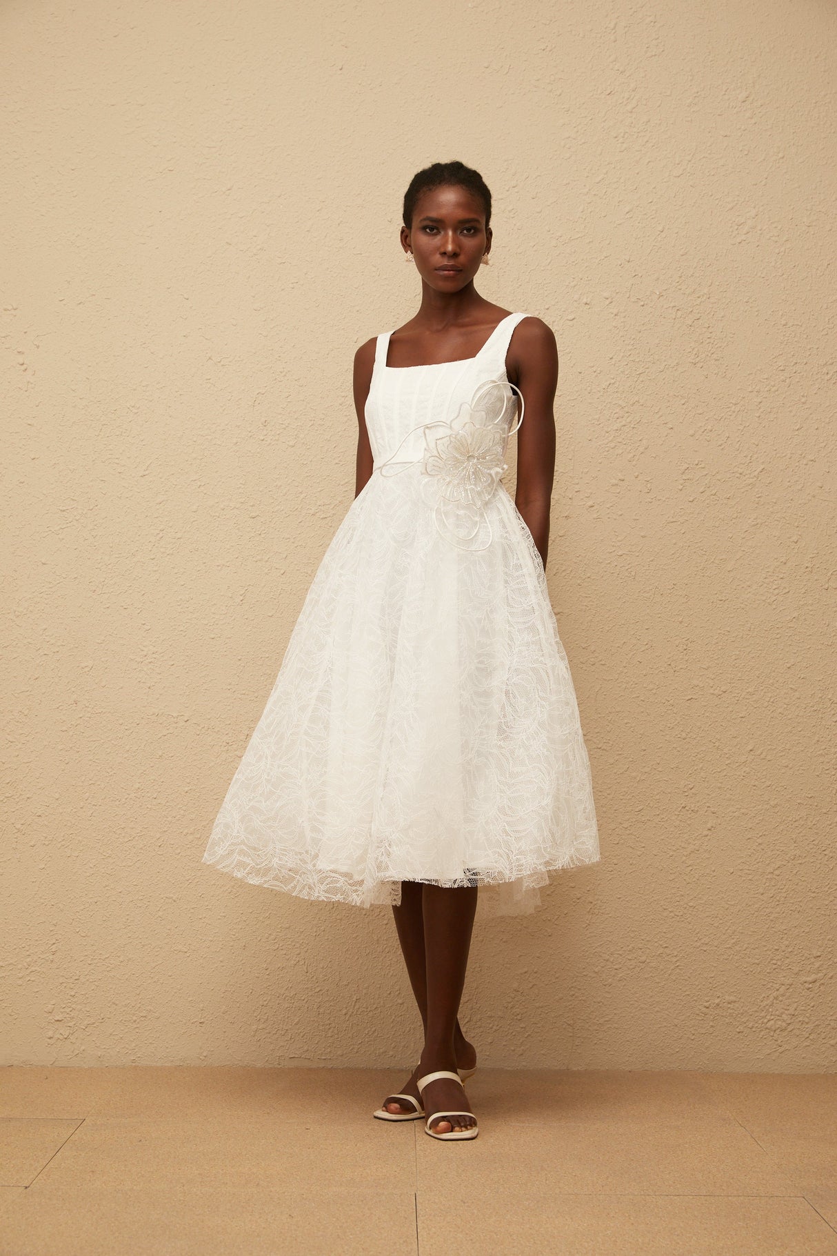 Aurohaya Sandrine White Floral Lace Midi Dress