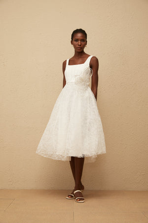 Aurohaya Sandrine White Floral Lace Midi Dress