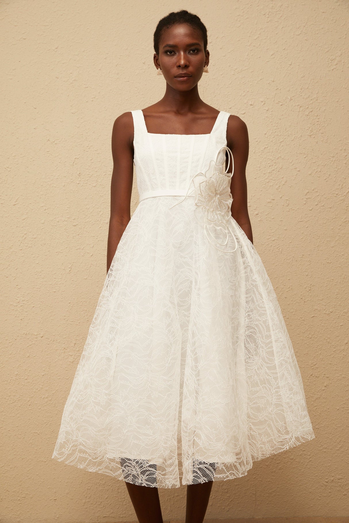Aurohaya Sandrine White Floral Lace Midi Dress