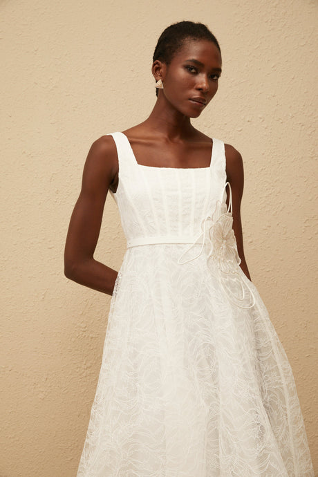 Aurohaya Sandrine White Floral Lace Midi Dress
