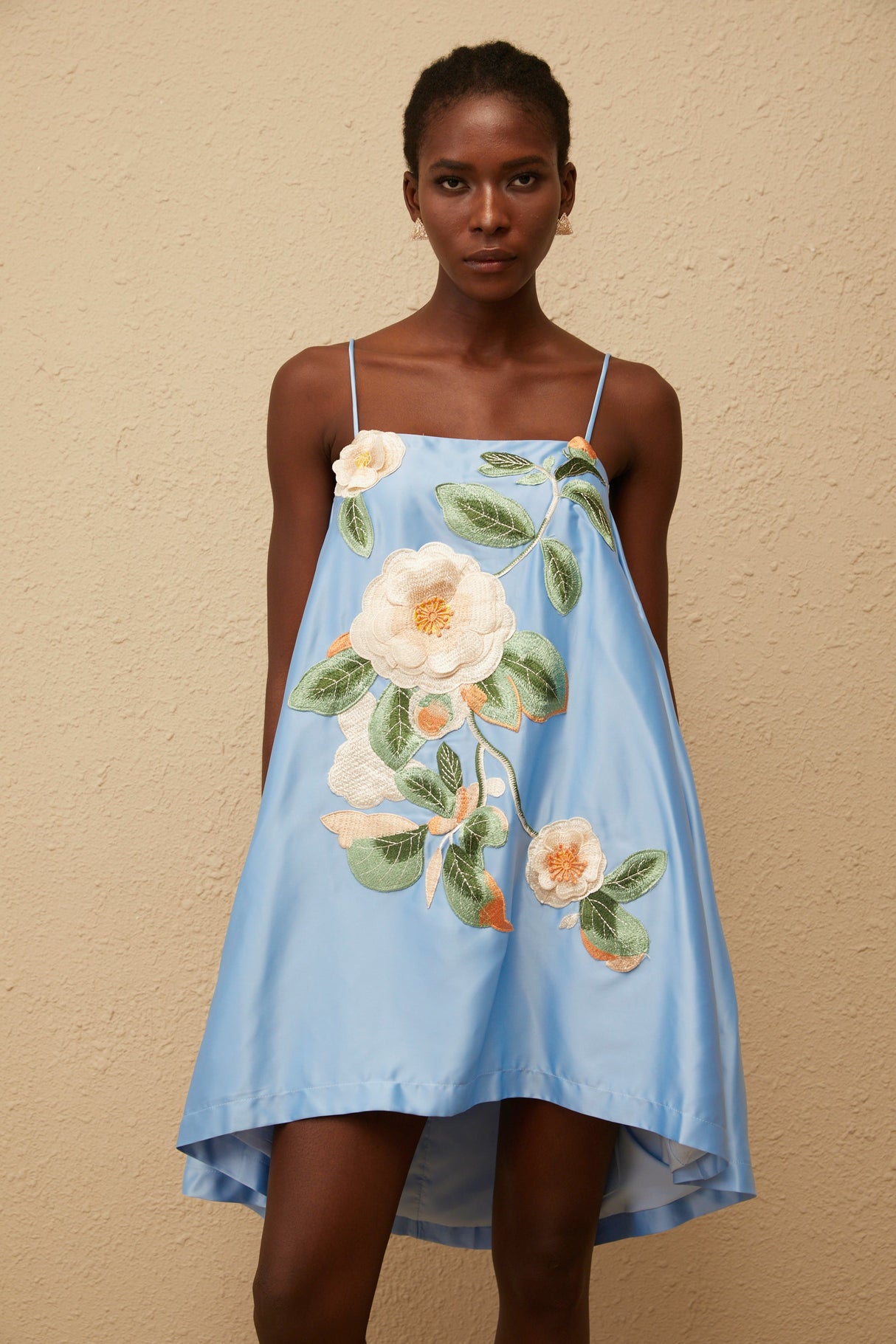 Aurohaya Avril Blue Floral Embroidered Satin Mini Dress
