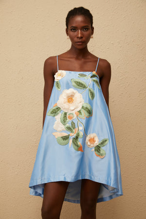 Aurohaya Avril Blue Floral Embroidered Satin Mini Dress