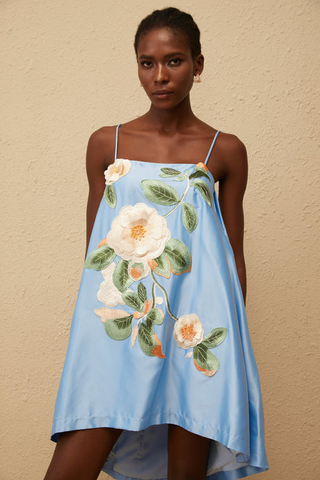 Aurohaya Avril Blue Floral Embroidered Satin Mini Dress