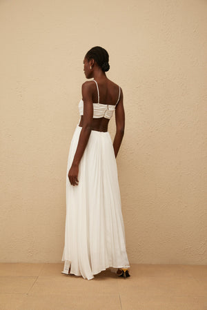 Aurohaya Bérénice White Cut Out Pleated Maxi Dress