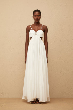 Aurohaya Bérénice White Cut Out Pleated Maxi Dress