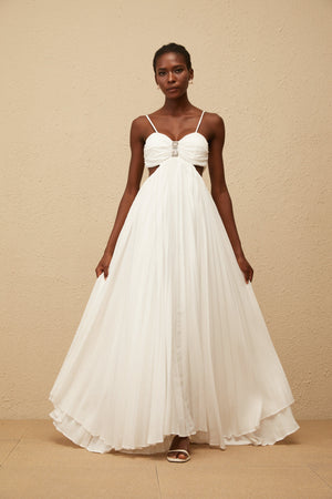 Aurohaya Bérénice White Cut Out Pleated Maxi Dress