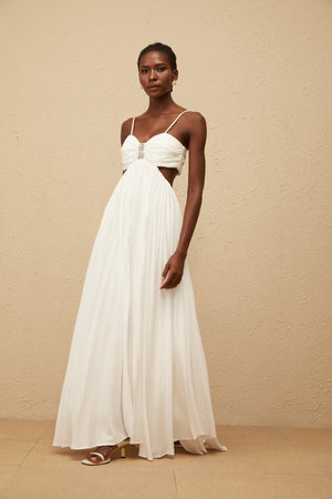 Aurohaya Bérénice White Cut Out Pleated Maxi Dress