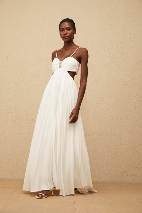 Aurohaya Bérénice White Cut Out Pleated Maxi Dress