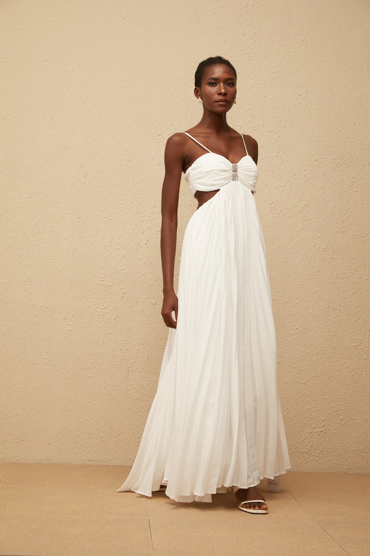 Aurohaya Bérénice White Cut Out Pleated Maxi Dress