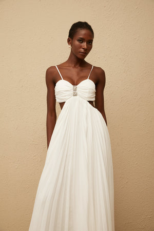 Aurohaya Bérénice White Cut Out Pleated Maxi Dress