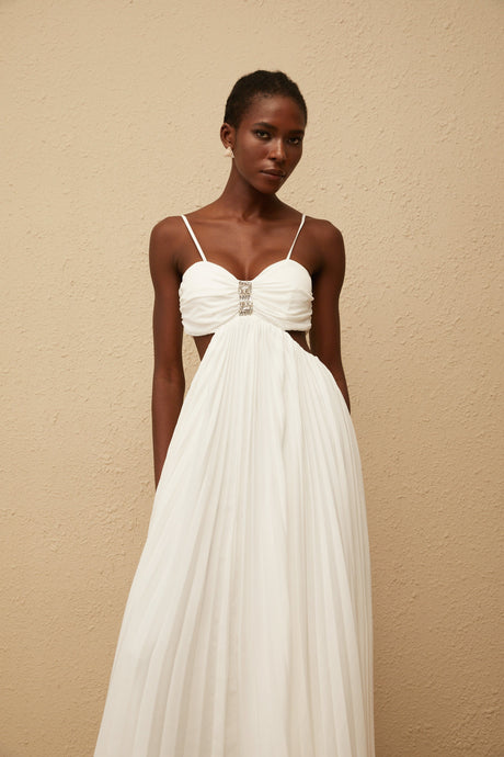 Aurohaya Bérénice White Cut Out Pleated Maxi Dress