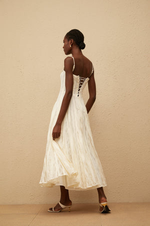 Aurohaya Coralie White Pleated Lace Midi Dress