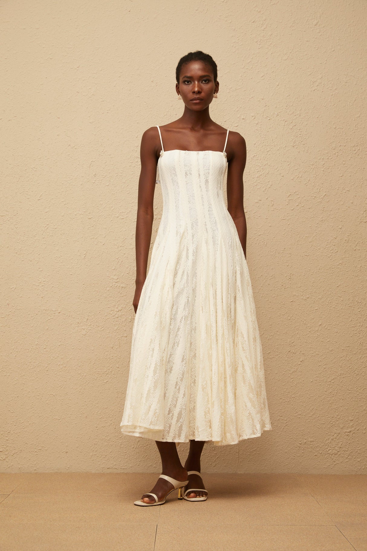 Aurohaya Coralie White Pleated Lace Midi Dress