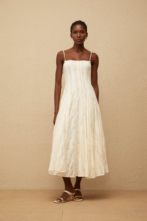 Aurohaya Coralie White Pleated Lace Midi Dress