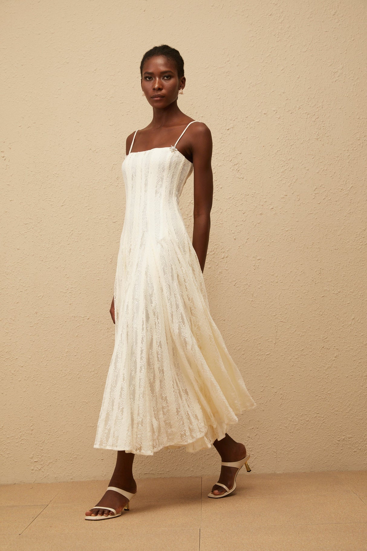 Aurohaya Coralie White Pleated Lace Midi Dress