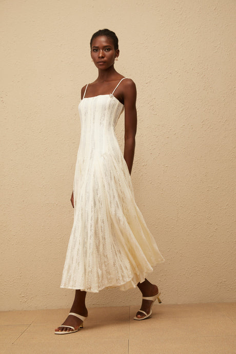 Aurohaya Coralie White Pleated Lace Midi Dress