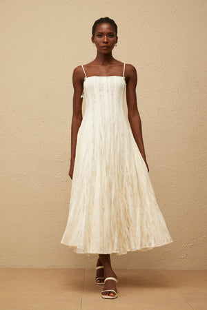 Aurohaya Coralie White Pleated Lace Midi Dress