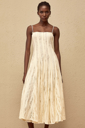 Aurohaya Coralie White Pleated Lace Midi Dress