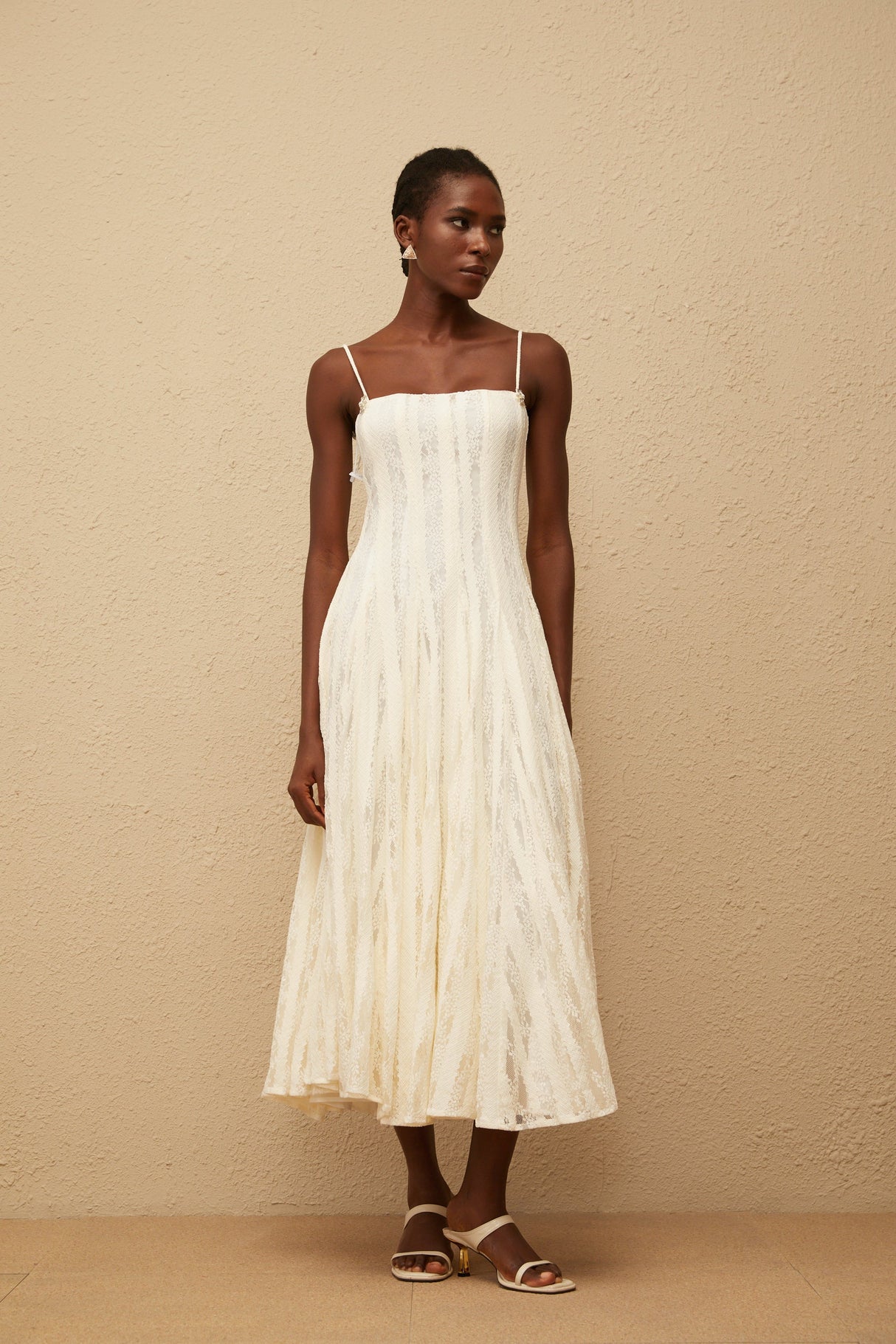 Aurohaya Coralie White Pleated Lace Midi Dress