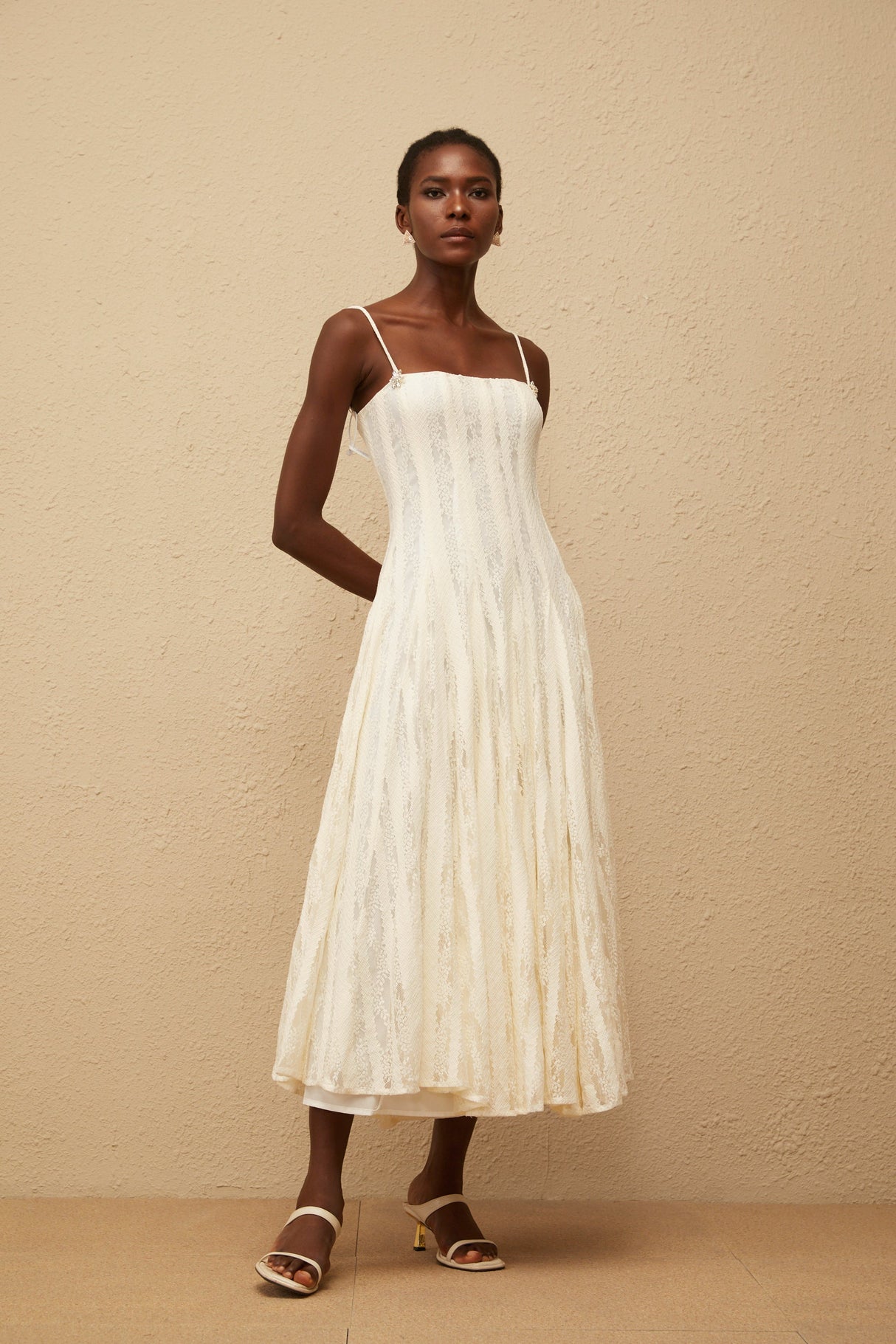 Aurohaya Coralie White Pleated Lace Midi Dress